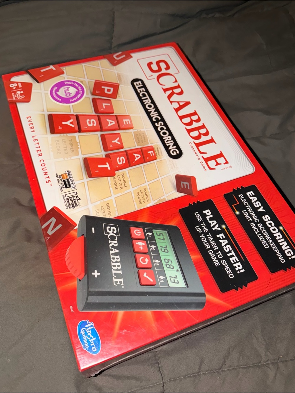Hasbro Scrabble Electronic Scoring Board Game Red and White Box